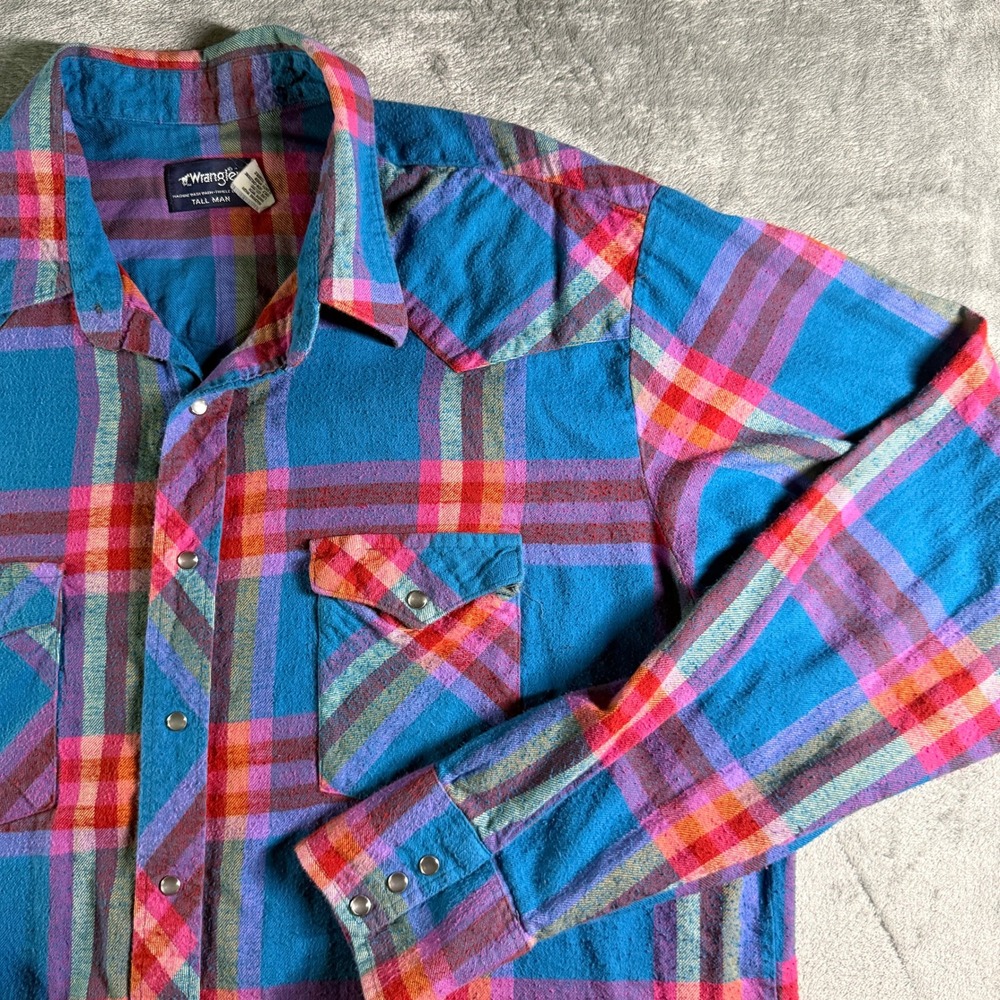 VTG Wrangler Plaid Flannel Western Pearl Snap Shirt Mens 2XT Blue Pink Tall Man